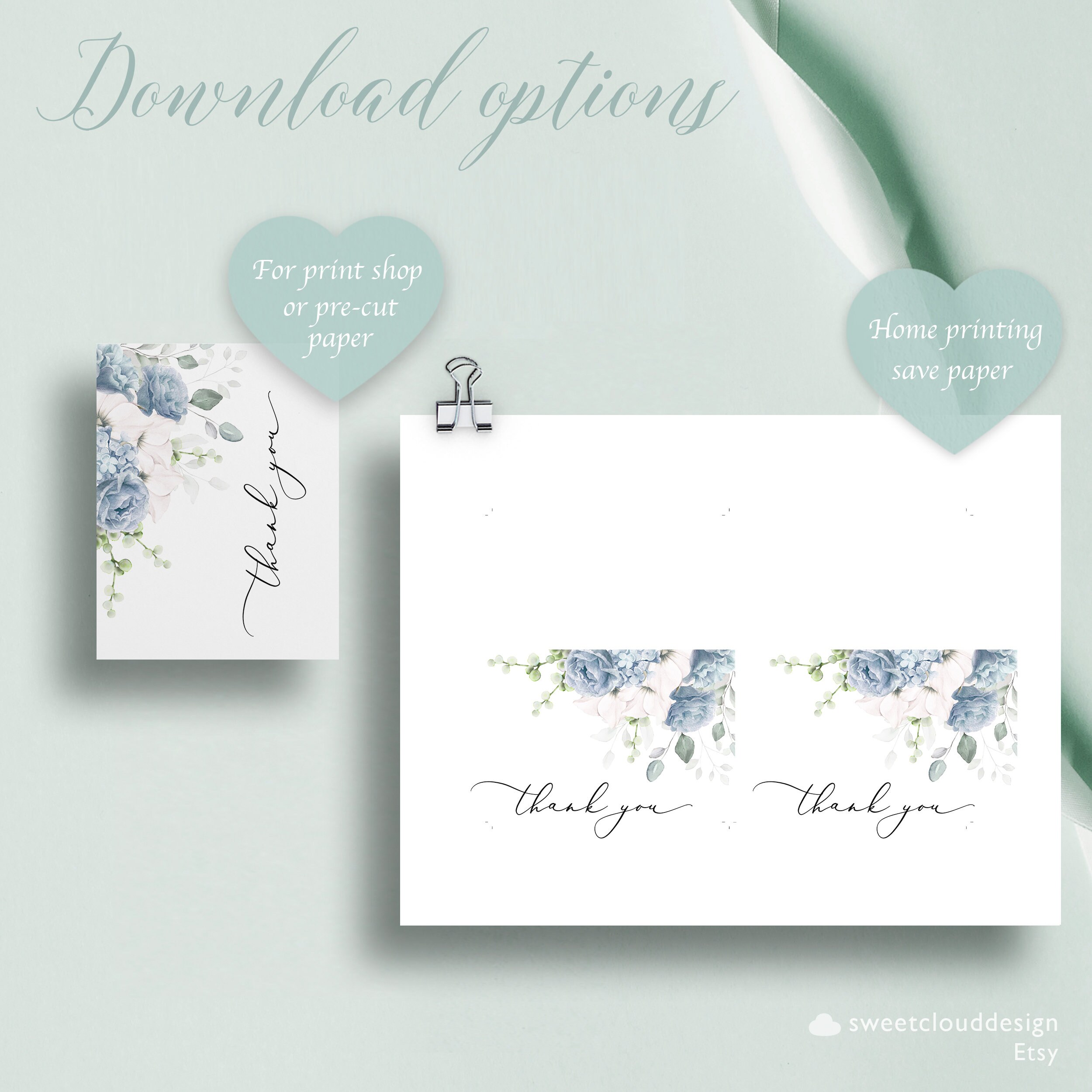 Dusty Blue Floral Thank You Wedding Thank You Card Template Editable ...