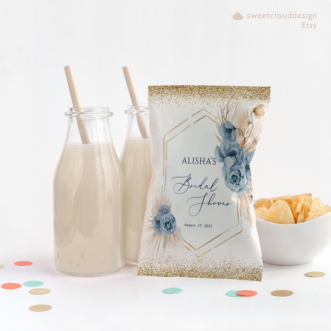 Dusty Blue Bridal Shower Chip Bag Wrapper Steel Blue Gold Chip Bag