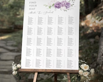 Violet Floral Wedding Seating Chart, Purple Rose Watercolor Seating Plan,Editable purple Seating Template,Wedding Seating Plan,   Violeta