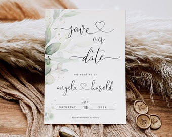 Greenery save the date card template, save our date green leaves invite card, soft greenery save the date pastel greenery save the date