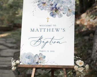 Dusty Blue baptism welcome Sign Soft blue flower baptism sign Template dusty blue floral baptism Welcome Sign Printable blue baptism baptism