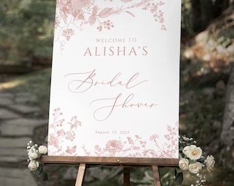 Dusty Pink flower Bridal Shower Sign Vintage pink floral Bridal Shower Template Vertical Pink flower welcome Bridal Sign Printable Pink