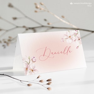 cherry blossom place card template Blush pink floral name card  Blush pink flower place cards pink cherry blossom place card editable