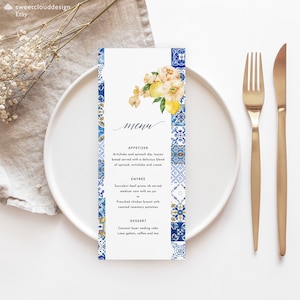 Modèle de Menu de mariage citron Italie tuile bleue Menu imprimable Pêche floral méditerranéen Menu modifiable téléchargeable Dîner Menu modifiable