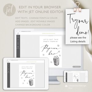 K&ouml;nnte beinhalten: Ein digitales Mockup eines druckbaren Schilds mit dem Text "Let's Get This Party Poppin' Popcorn Bar" und einer Zeichnung eines Popcorn-Eimers. Das Schild wird auf einem Computerbildschirm, einem Tablet und einem Telefon angezeigt.