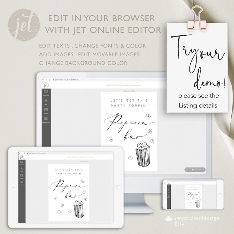 K&ouml;nnte beinhalten: Ein digitales Mockup eines druckbaren Schilds mit dem Text "Let's Get This Party Poppin' Popcorn Bar" und einer Zeichnung eines Popcorn-Eimers. Das Schild wird auf einem Computerbildschirm, einem Tablet und einem Telefon angezeigt.