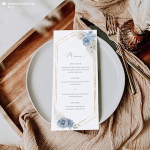 blauwe BOHO pampagras menusjabloon blauwe boho bruiloft menu stoffige blauwe roos pampagras tafelmenu bewerkbare sjabloon dinermenu