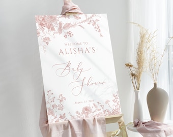 Dusty Pink flower Baby Shower Sign Vintage pink floral Baby Shower Template Vertical Pink flower welcome Baby  Sign Printable Pink