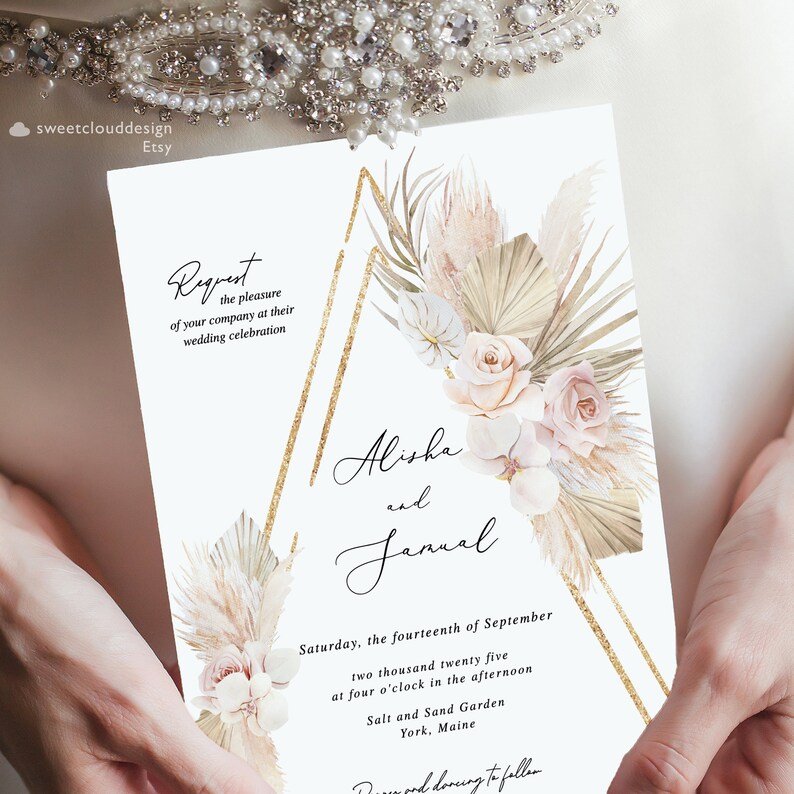 Boho Rose Wedding Invitation beach tropical Arch