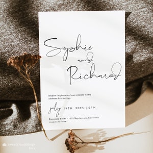 May include: A minimalist wedding invitation with the names "Sophie and Richard" in cursive script. The invitation details the date and time of the wedding ceremony, July 14th, 2025 at 2 PM, and the location, Rosemary Fields, 1255 Bayview Ave, Santa Rosa. The invitation also mentions a reception to follow.