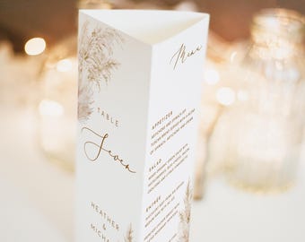 Pampas grass Wedding Triangle Table Number Template Boho Trifold Table Number Minimal Table Menu Template Triangle Table Stand Wedding menu