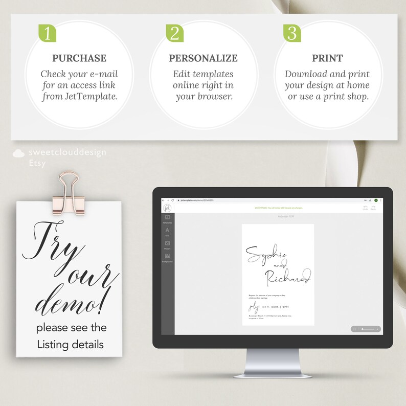 May include: A computer screen shows a wedding invitation template with the text "Sophie and Richard" in a simple, elegant font. The template is being edited online, with the option to personalize the text and design. The screen is on a white desk with a paper sign that says "Try our demo! Please see the Listing details".