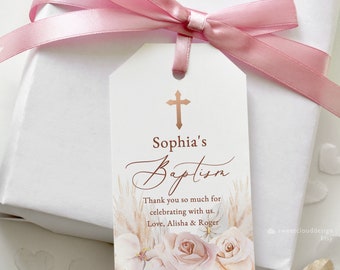 Etiqueta de favor de batismo, cruz de ouro rosa, batismo, obrigado, etiquetas de bolsa, rosa empoeirado para impressão, etiquetas de agradecimento, flor rosa, obrigado, modelo de etiqueta pampas