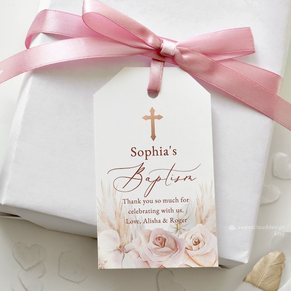 Baptism favor tag, rose gold cross baptism thank you Bag Tags,Dusty pink Printable thank you Tags ,pink flower thank you Tag Template pampas