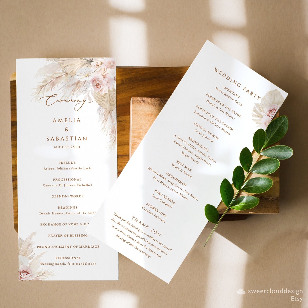 Boho Blush Rose Wedding Program Template Pink Pampas Grass Editable ...