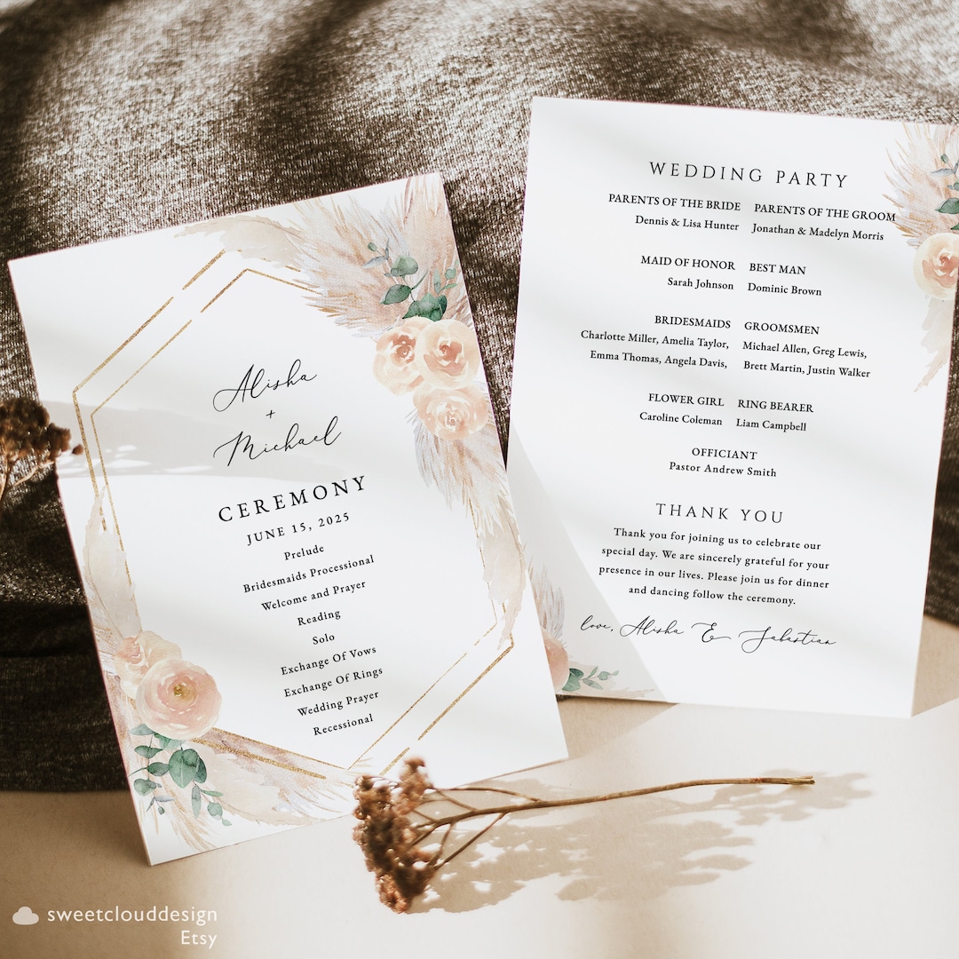 BOHO Floral Wedding Program Template Peach Pampas and Green Printable ...