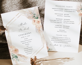 BOHO Floral Wedding Program Template Peach Pampas and green Printable Wedding Ceremony printable program Editable Ceremony program Pearl