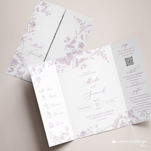 Gatefold lavanda oscura invitación de boda Dusty Lavender flor Gatefold invitación vintage lila puerta doble invitación púrpura gatefold