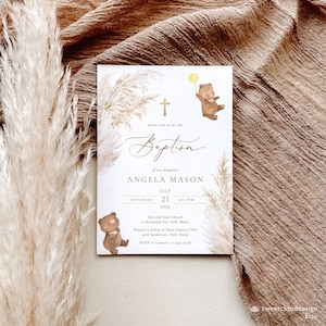 Teddy bear Baptism Invitation template Pampas grass baptism card gold cross Boho Pampas Baptism Invite yellow balloon Christening  Bohemian