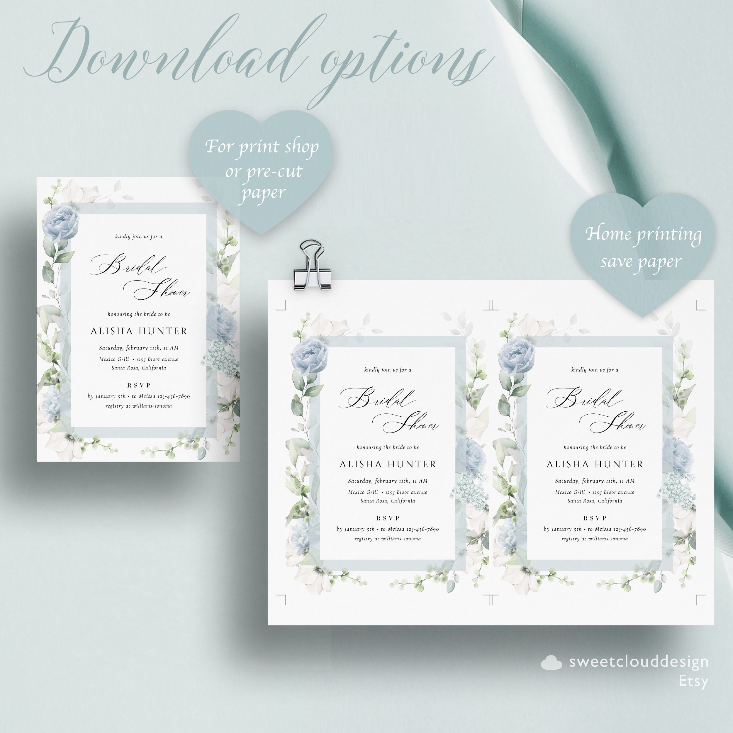Dusty blue Bridal Shower Invitation Template Soft Floral | Etsy