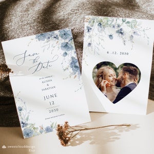 Dusty Blue Save the Date Stahlblau Blumen Save the Date Blaue Blume Save the Date Hochzeitsdatum Karte Blaue Blumenabwehr Beere