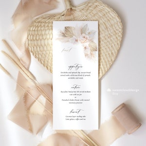 BOHO rubor Plantilla de menú de boda Menú de orquídeas imprimible pampas hierba boho Menú editable Descarga instantánea Tarjetas de menú de cena Editable Paislee