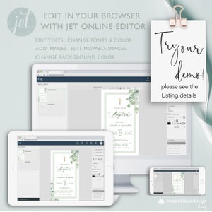 May include: A digital mockup of a baptism invitation template with a green and white watercolor background, a gold cross, and the text "Please join us for the Baptism of our daughter Angela Mason 2023 21". The invitation is being edited in a web browser using a design tool.