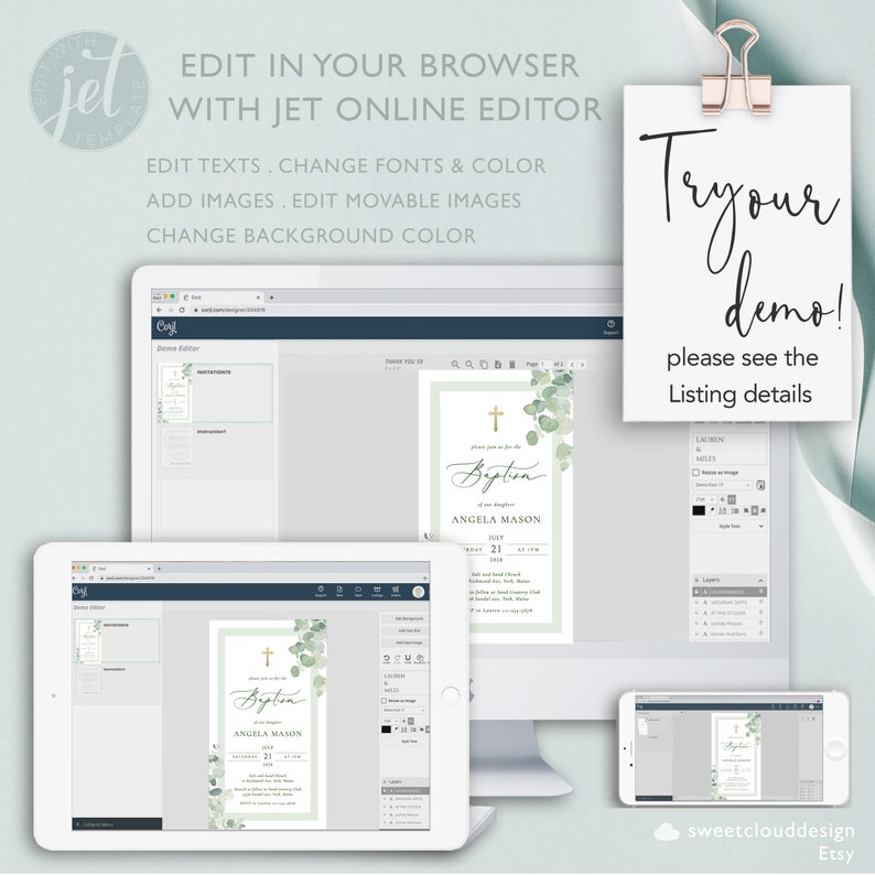 May include: A digital mockup of a baptism invitation template with a green and white watercolor background, a gold cross, and the text "Please join us for the Baptism of our daughter Angela Mason 2023 21". The invitation is being edited in a web browser using a design tool.