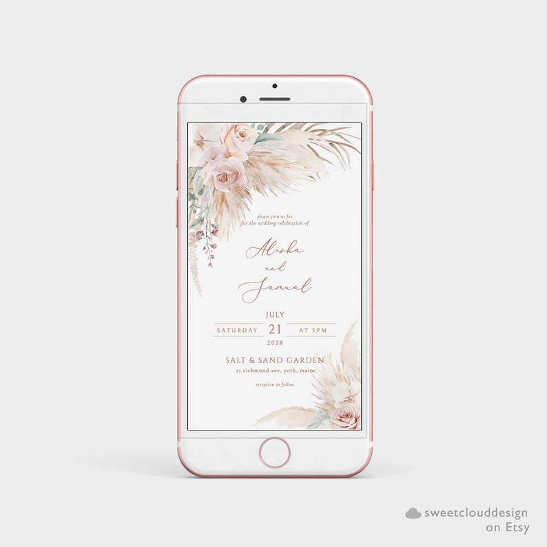 K&ouml;nnte beinhalten: Eine digitale Einladung zu einer Hochzeit mit floralem Design. Die Einladung zeigt eine Aquarell-Illustration von Pampasgras, Rosen und Gr&uuml;npflanzen. Der Text lautet: "Bitte begleiten Sie uns zur Hochzeitsfeier von Alishe und Jamal, Samstag, 21. Juli 2028 um 17:00 Uhr, Salt & Sand Garden, in der Richmond Ave, York, Maine. Empfang im Anschluss."