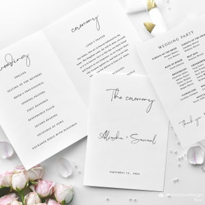 結婚式プログラム小冊子テンプレート 式典折り畳み式プログラム 印刷可能なテンプレート 式典順序プログラム モダンな結婚式式典編集可能