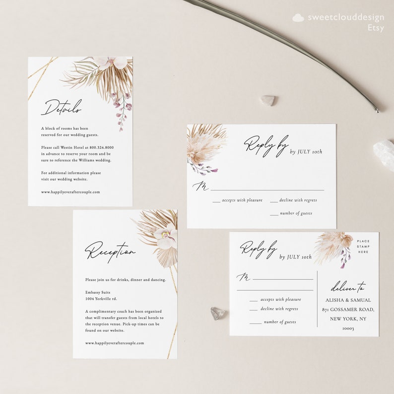 Boho Wedding Invitation beach tropical wedding Invitation Pampas grass invitation template Palm Leaf Invitation Bohemian Invitivation PAMELA image 3