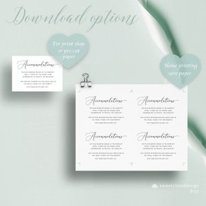 May include: Four white cards with the text "Accommodations" in a cursive font. The text on the cards reads "We have reserved rooms at the Marriott Hotel. Please use the promo code OURWEDDING to receive 10% discount. For further information and directions to the venue, please visit our website: www.happyevercouple.com". The cards are arranged in a grid pattern. The image also includes a heart-shaped sticker with the text "Home printing save paper" and a heart-shaped sticker with the text "For print shop or pre-cut paper".