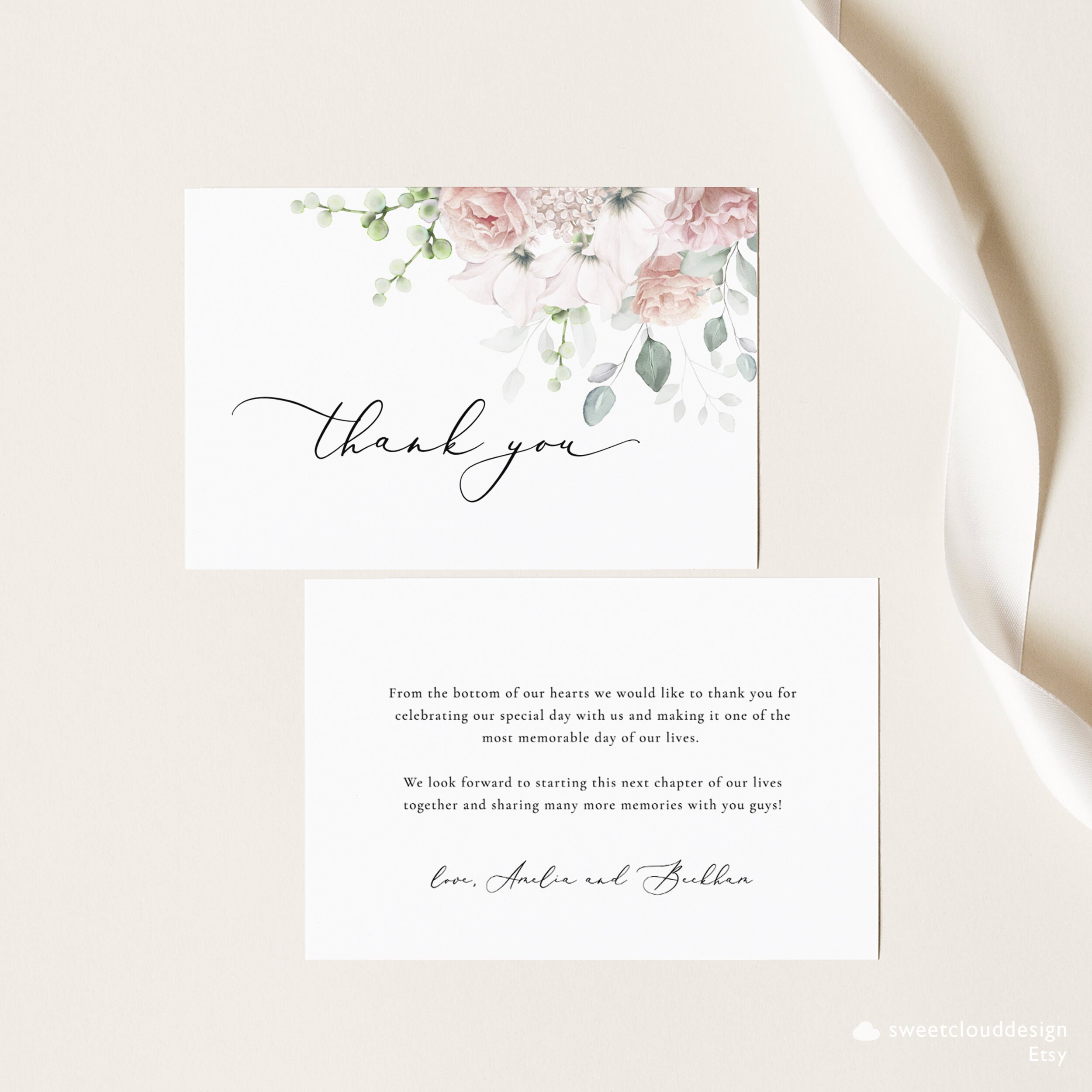 Dusty Pink Floral Thank You Wedding Thank You Card Template Editable ...