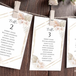 Boho orchidee bruiloft zitplaatsen kaarten, Pampas gras bruiloft zitplaatsen kaarten sjabloon, bruiloft tafel zitplaatsen kaarten, eenvoudige elegante zitplaatsen kaart
