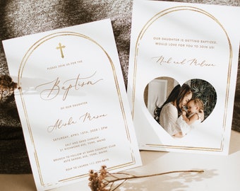 Gold Cross Baptism Invitation Gold frame baptism invite Printable Baptism card Heart photo Christening Invite Baby holy Communion