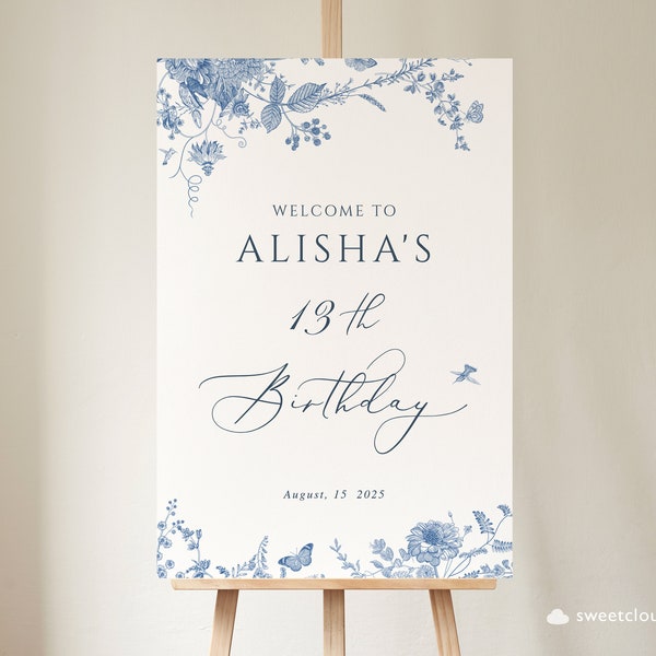 dusty blue flower Birthday party Sign Vintage blue floral Birthday party Template Vertical blue flower welcome Birthday Sign Printable blue