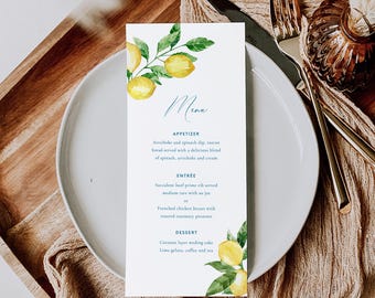 Lemon Wedding Menu Template Lemon table Menu Printable Citrus Mediterranean Editable Menu CITRUS LEMON MENU Boho Dinner Menu lunna
