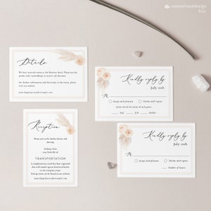 May include: A set of wedding RSVP cards with a beige background and floral illustrations. The cards include details for the reception, transportation, and a RSVP section with options to accept or decline with regrets.