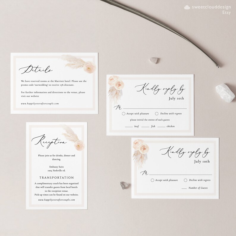 May include: A set of wedding RSVP cards with a beige background and floral illustrations. The cards include details for the reception, transportation, and a RSVP section with options to accept or decline with regrets.