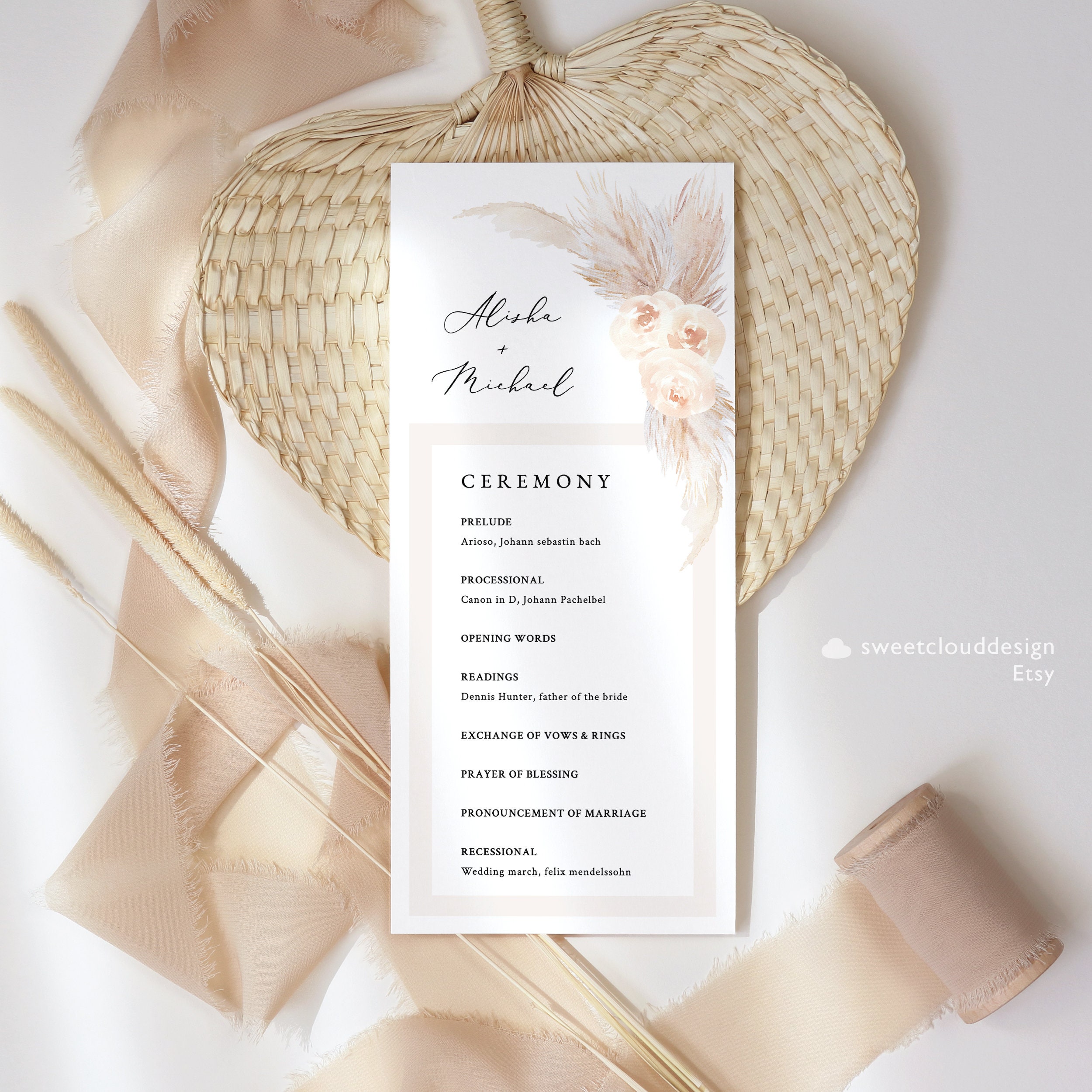 BOHO Floral Wedding Program Template Peach Pampas Boho Printable ...