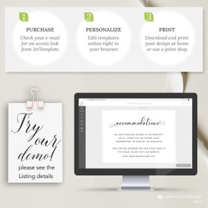 Peut inclure: Un &eacute;cran d'ordinateur affichant une pancarte d'h&eacute;bergement de mariage avec le texte "accommodations" et l'adresse du site Web "www.happilyevercouple.com". La pancarte est blanche avec du texte noir. L'&eacute;cran d'ordinateur est sur une surface blanche.