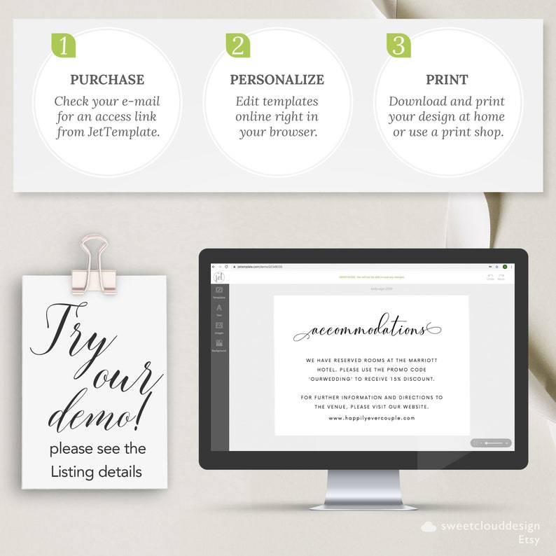 Peut inclure: Un &eacute;cran d'ordinateur affichant une pancarte d'h&eacute;bergement de mariage avec le texte "accommodations" et l'adresse du site Web "www.happilyevercouple.com". La pancarte est blanche avec du texte noir. L'&eacute;cran d'ordinateur est sur une surface blanche.