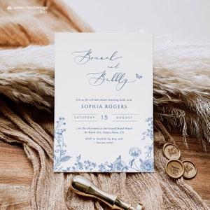 Plantilla de invitación a brunch y despedida de soltera con flores azules polvorientas, invitación a despedida de soltera editable con flores azules, invitación a despedida de soltera azul acero
