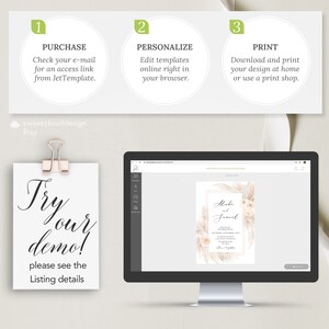 May include: A computer screen shows a wedding invitation template with a beige background and a floral design. The text on the invitation reads "Aloha and Jamal". The screen is on a white desk with a sign that says "Try our demo! Please see the listing details".