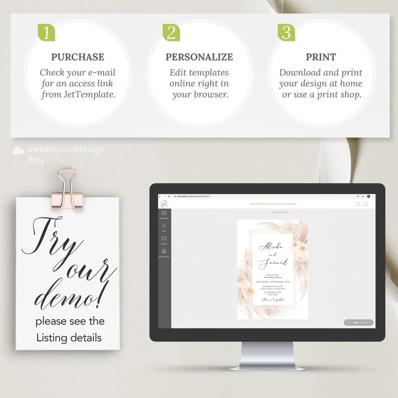 May include: A computer screen shows a wedding invitation template with a beige background and a floral design. The text on the invitation reads "Aloha and Jamal". The screen is on a white desk with a sign that says "Try our demo! Please see the listing details".