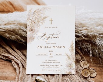 BOHO Rose Baptism invitation Pampas grass Rose Baptism Invitation template gold cross Boho Pampas Baptism Invites Printable Christening