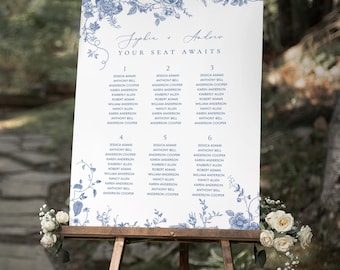 Dusty blue Floral Table Seating Chart sign Template, blue flower Wedding Seating chart printable, vintage flower Table Seating Sign
