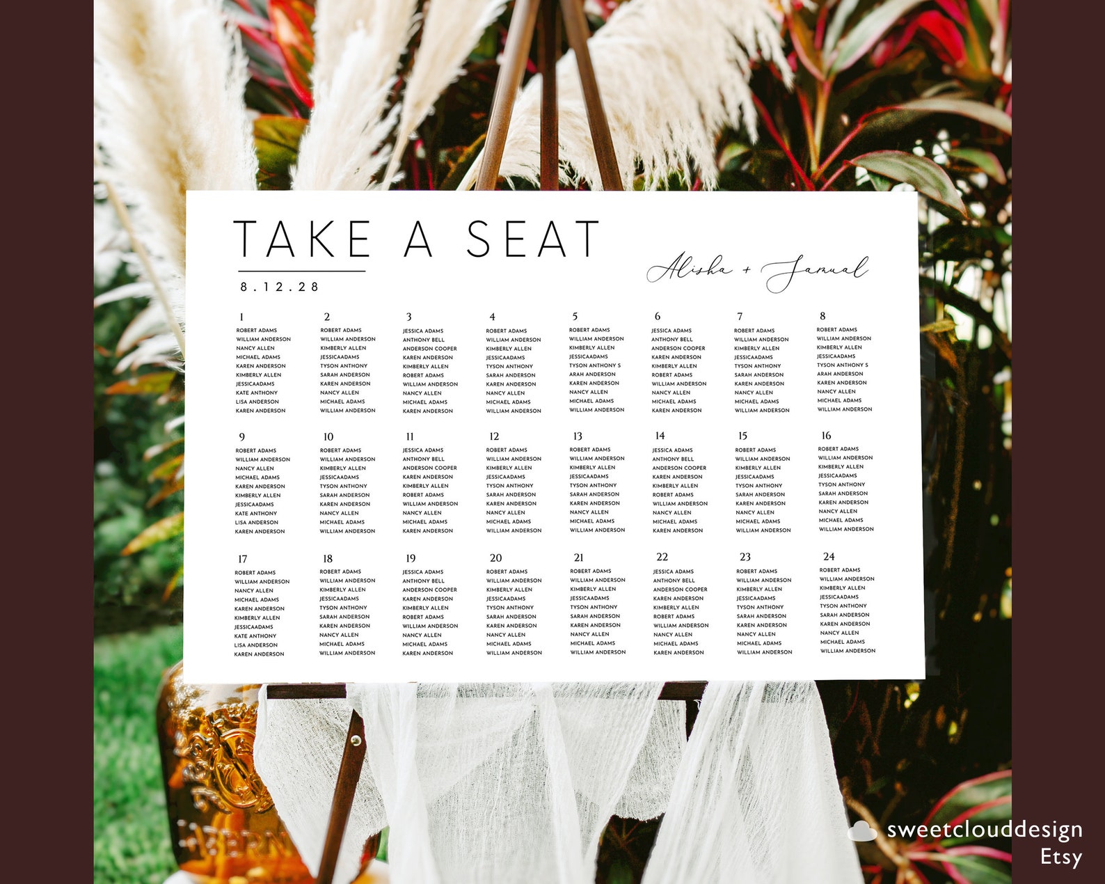 Modern Wedding Seating Chart Horizontal Editable Simple Seating Plan ...