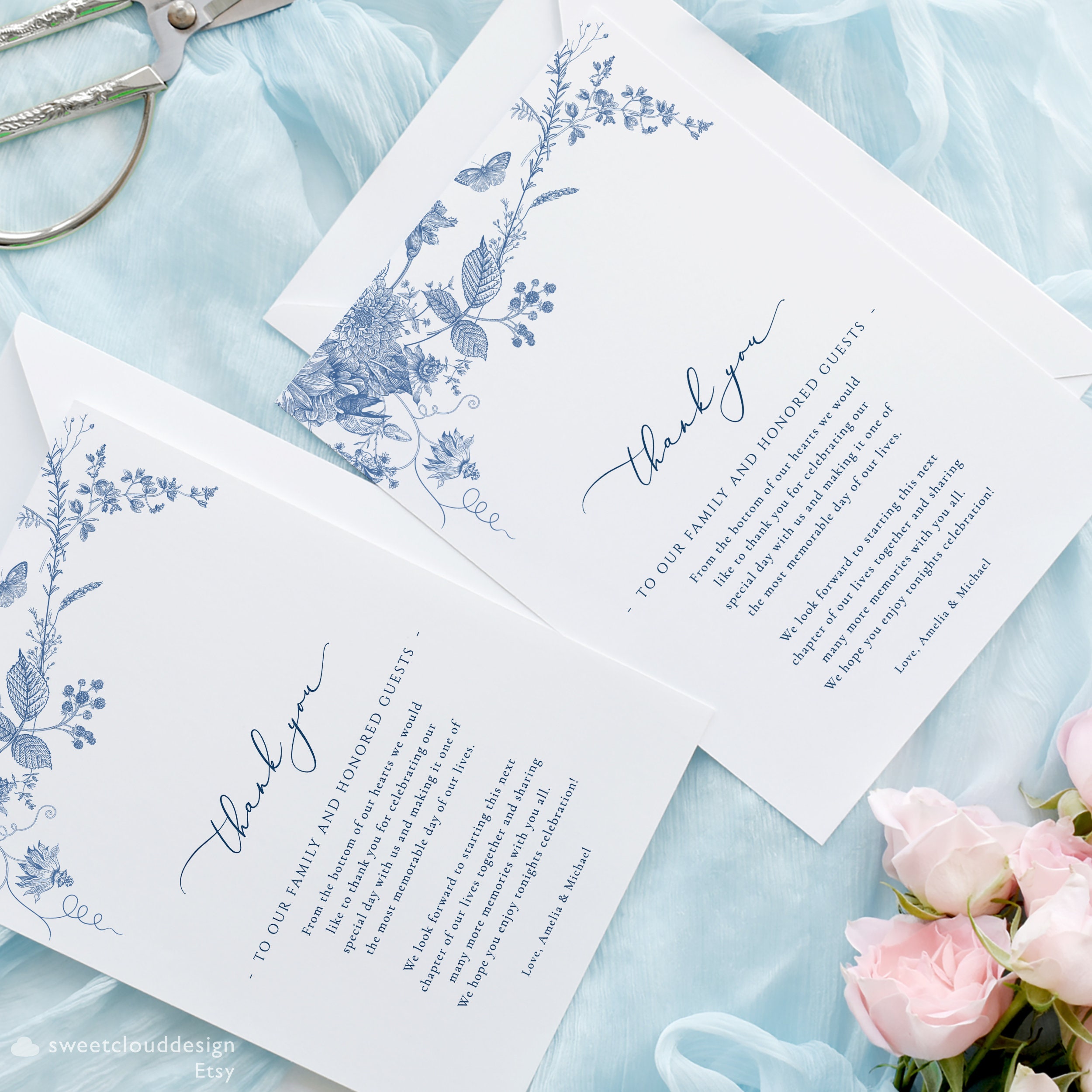 Dusty Blue Floral Thank You Card Blue Flower Thank You Card Template ...
