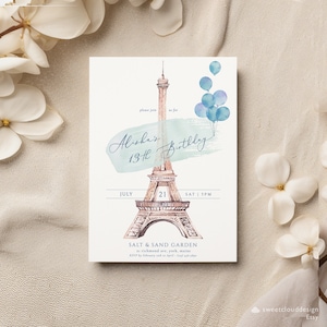 Blue Eiffel Tower birthday party Invitation Blue boy Paris birthday card Dusty blue balloon Paris tower birthday party Invitation blue card